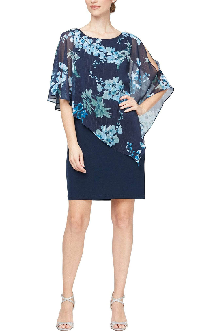 SLNY 9177495 - Sheer Floral Asymmetric Dress Cocktail Dresses 6 / Navy Multi