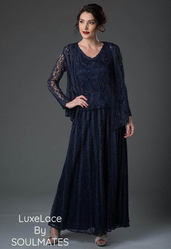 Soulmates - V-Neck Soutache Lace Formal Dress 1602 - 1 pc Navy In Size XL Available CCSALE XL / Navy