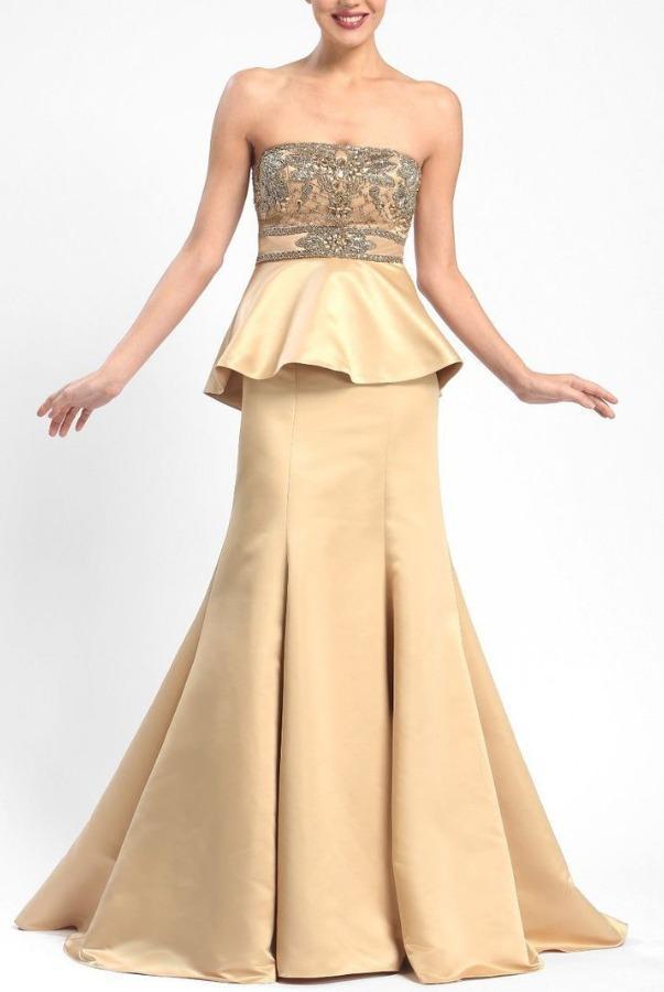 Sue Wong - W5206 Ornate Peplum Satin Gown CCSALE 12 / Gold