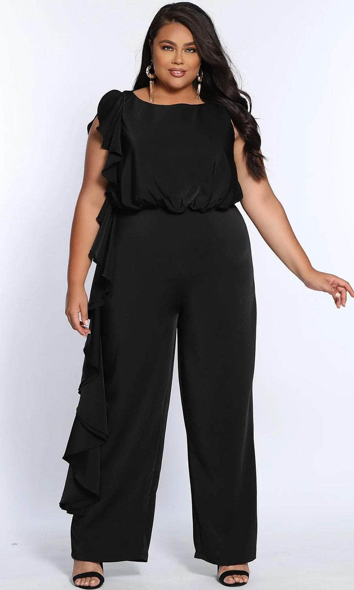 Sydney's Closet - CE2014 Sleeveless Side Frill Ruffle Blouson Jumpsuit Jumpsuits 14 / Black