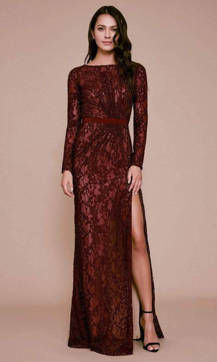 Tadashi Shoji - Allover Lace Bateau Long Sleeve Evening Dress - 1 pc Starry Night In Size 10 Available CCSALE 10 / Hibiscus/Nude