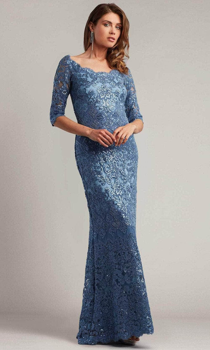 Tadashi Shoji BMN18236L - Liem Off-The-Shoulder Sequin Gown Special Occasion Dress 00 / Blue Stone