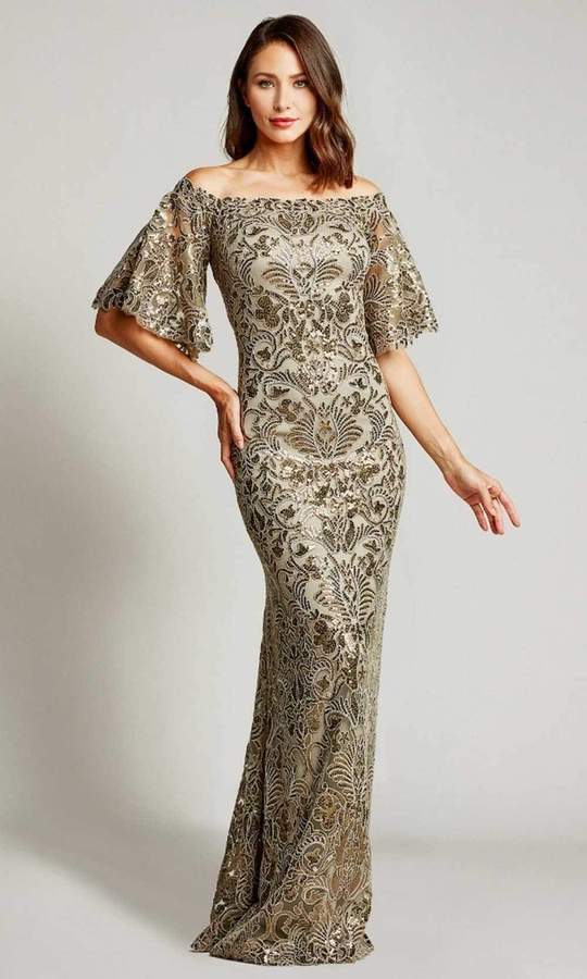 Tadashi Shoji - Butterfly Sleeves Paillette Sequin Sheath Dress ATV17375L - 1 pc Pumice In Size 6 Available CCSALE 6 / Pumice