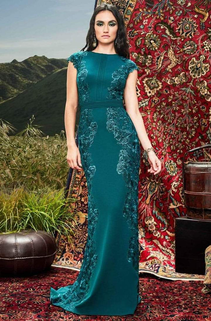 Tadashi Shoji - Cap Sleeve Embroidery-Accented Long Dress BRX20625L - 1 pc Malachite In Size 16 Available CCSALE 16 / Malachite