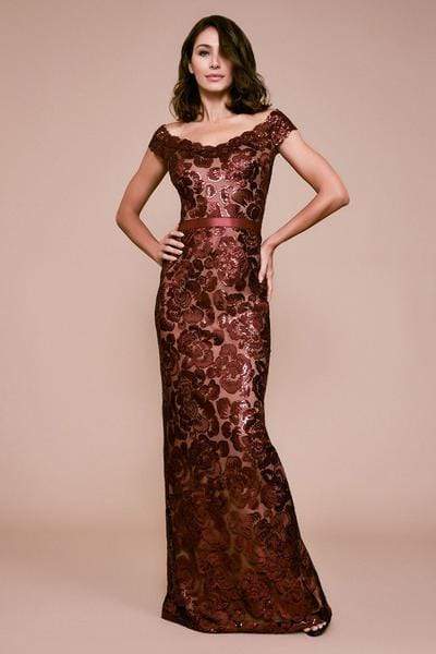 Tadashi Shoji - Scalloped Off Shoulder Long Sequined Sheath Gown - 1 pc Raisin/Nude In Size 16 Available CCSALE 6 / Raisin/Nude