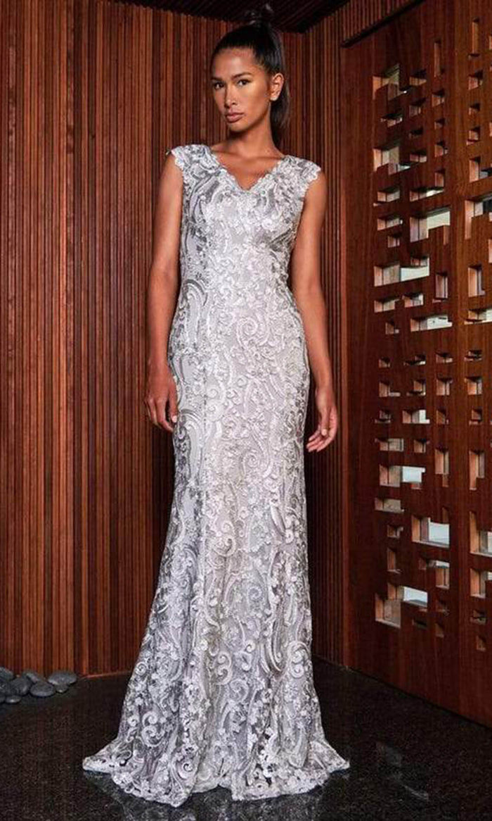 Tadashi Shoji - Sleeveless Pleated Lace Evening Gown BPP1345LX - 1 pc Silver In Size 16 Available CCSALE 16 / Silver