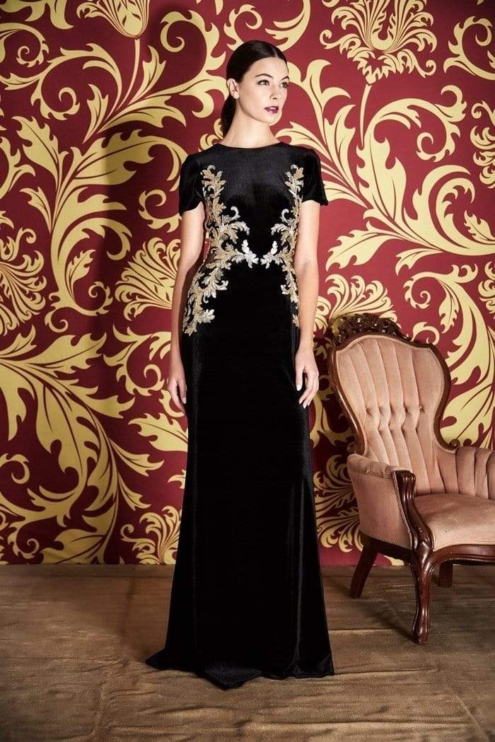 Tadashi Shoji - Velvet Long Appliqued Illusion Cutout Gown - 1 pc Black/Gold In Size 6 Available CCSALE 6 / Black/Gold