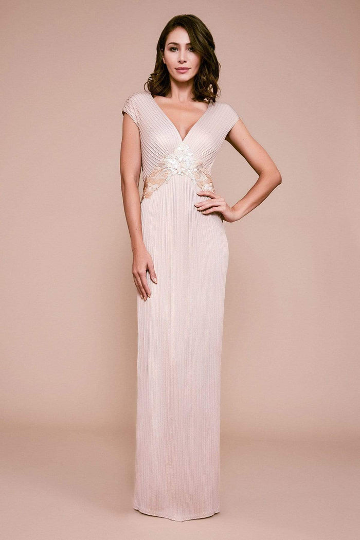 Tadashi Shoji - VG19292L V-Neckline Metallic Pintuck Sheath Gown - 1 pc Champagne In Size 6 Available CCSALE 6 / Champagne