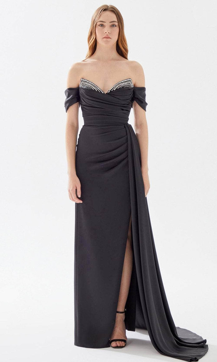 Tarik Ediz 52009 - V-Neck Ruched Satin Prom Gown Prom Dresses 00 / Black