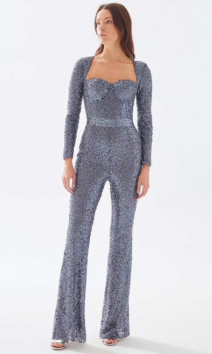 Tarik Ediz 52054 - Queen Anne Bedazzled Jumpsuit Formal Pantsuits 00 / Silver