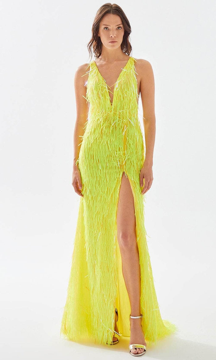 Tarik Ediz 52086 - Fringed Sheath Prom Dress Prom Dresses 00 / Yellow