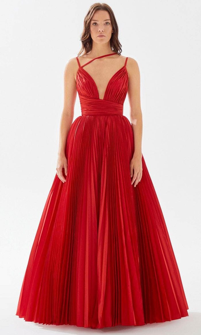 Tarik Ediz 52103 - Strap-Ornate Pleated Prom Dress Special Occasion Dress 00 / Red