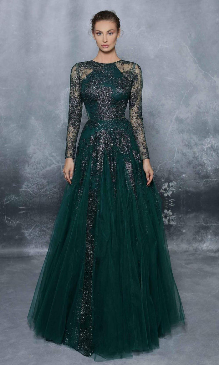 Tarik Ediz - 96029 Sheer Long Sleeve Glitter Tulle Ballgown Ball Gowns 0 / Emerald