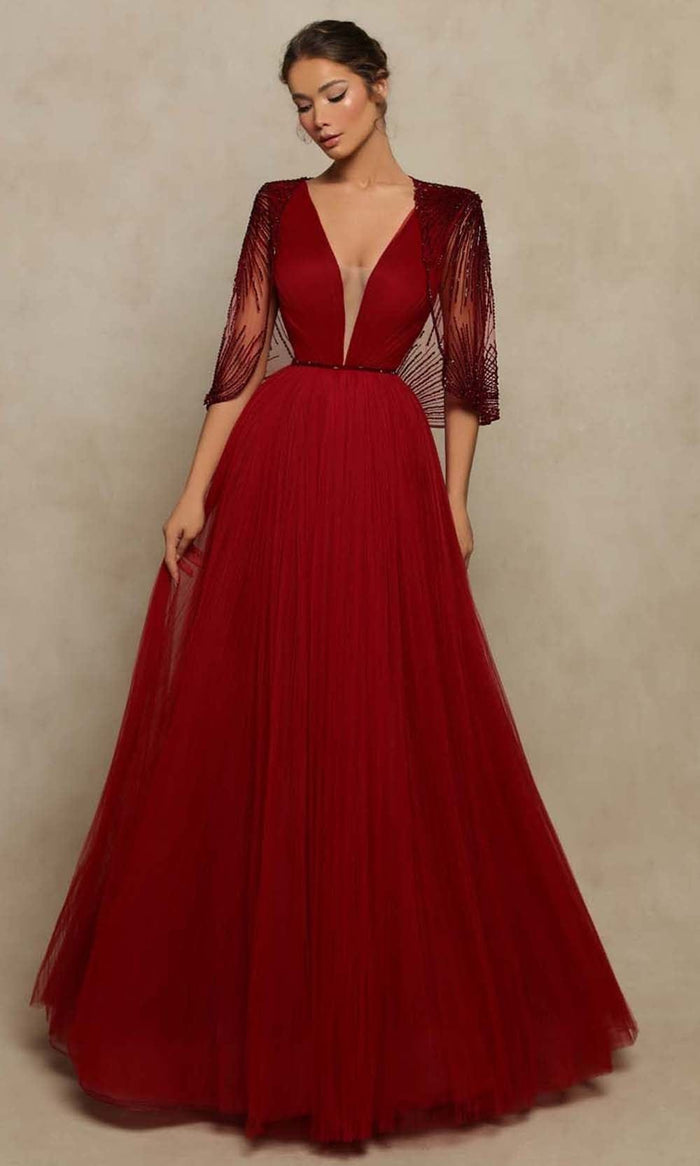 Tarik Ediz - 98053 Cape Sleeve Plunging A-Line Gown Mother of the Bride Dresses 0 / Burgundy