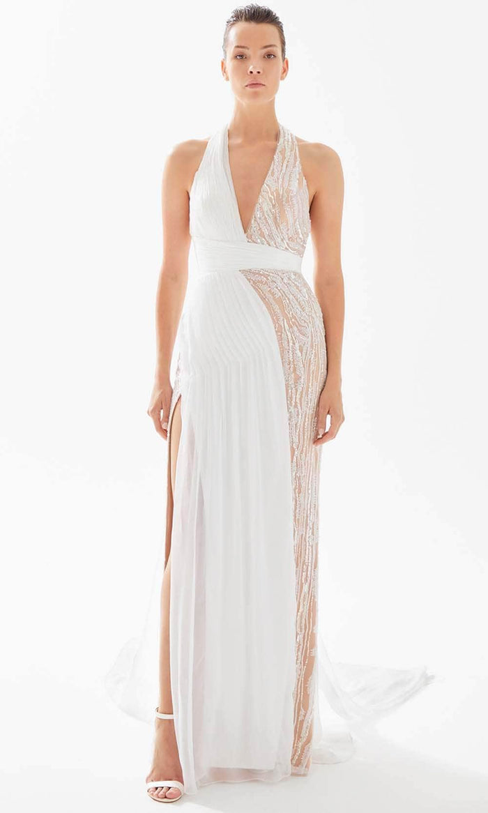 Tarik Ediz 98235 - Embellished Halter Evening Dress Evening Dresses 00 / Ivory