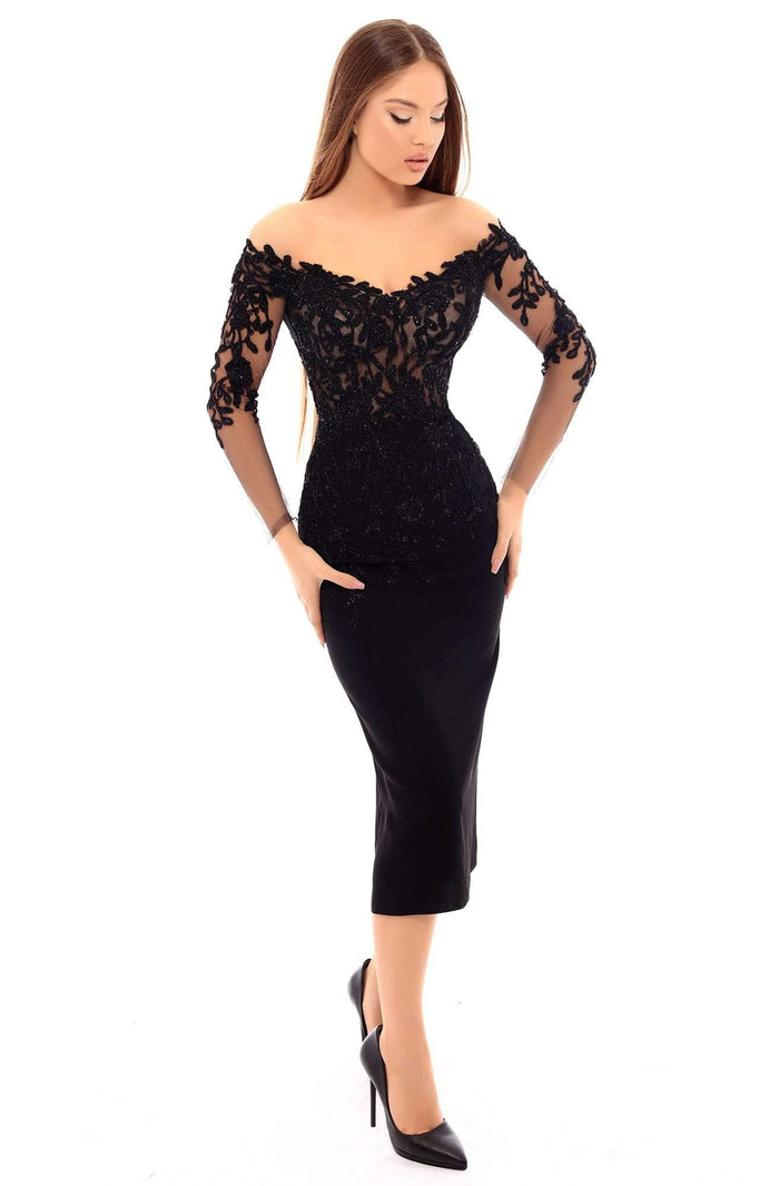 Tarik Ediz - Beaded Off-Shoulder Tea Length Fitted Dress 93615 - 1 pc Black In Size 16 Available CCSALE 16 / Black