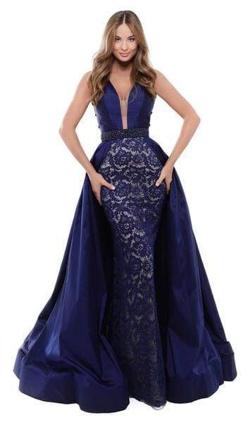 Tarik Ediz - Embellished Deep V-neck Lace Dress With Overskirt 50430 - 1 pc Navy In Size 4 Available CCSALE 4 / Navy