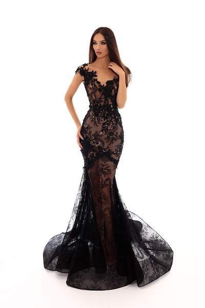 Tarik Ediz - Floral Embroidered Mermaid Dress With Train 93602 CCSALE 6 / Black