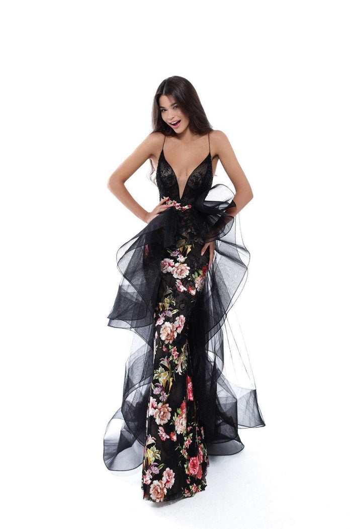 Tarik Ediz - Floral Embroidered Plunging Evening Dress 50458 - 1 pc Black In Size 4 Available CCSALE 4 / Black