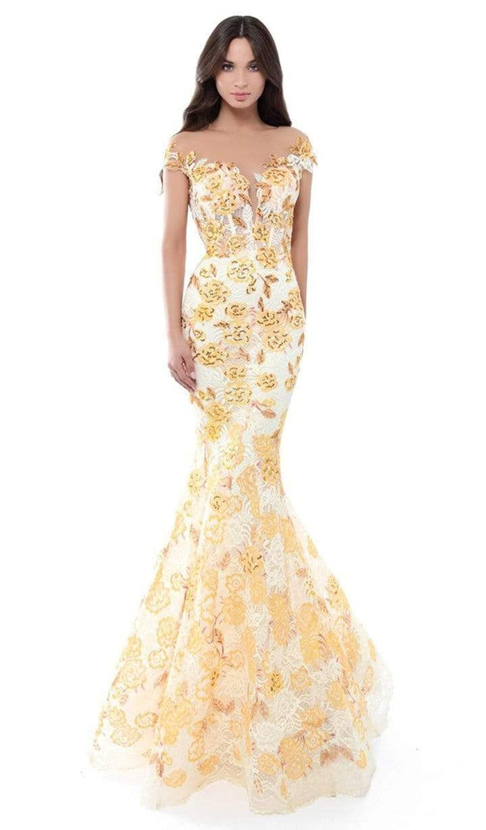 Tarik Ediz - Floral Lace Cap Sleeve Mermaid Gown With Train 50493 - 1 pc Yellow In Size 6 Available CCSALE 6 / Yellow