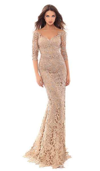 Tarik Ediz - Floral Lace Illusion Neck Sheath Dress With Train 93675 - 1 pc Gold In Size 10 Available CCSALE 10 / Gold