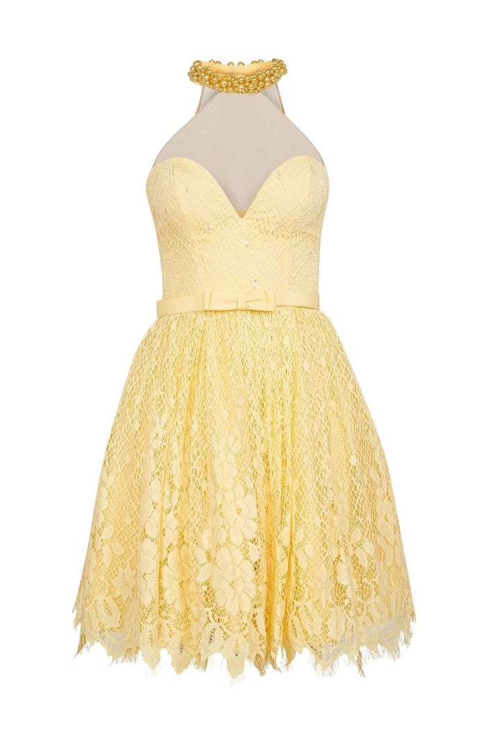 Tarik Ediz - Lace Illusion Halter Neck Dress 50082 Special Occasion Dress 0 / Yellow