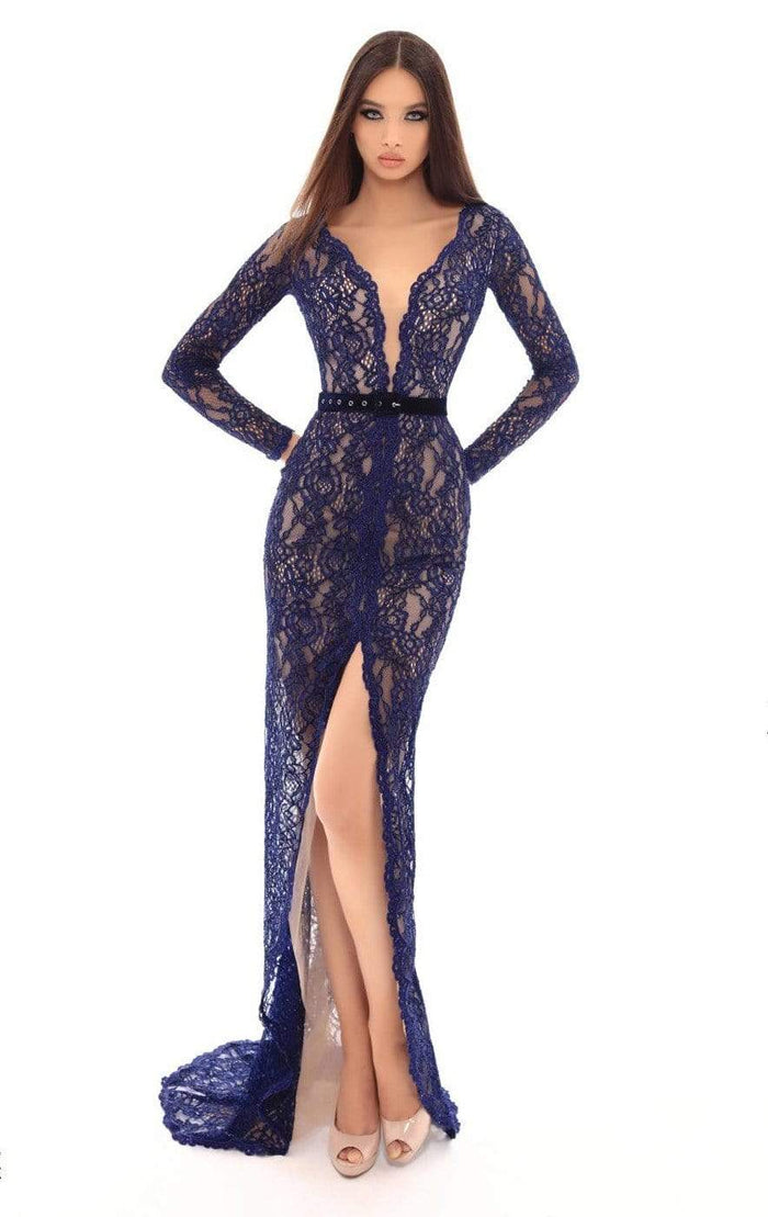 Tarik Ediz Long Sleeve Illusion Lace Fitted Gown 93609 - 1 pc Navy In Size 10 Available CCSALE 10 / Navy