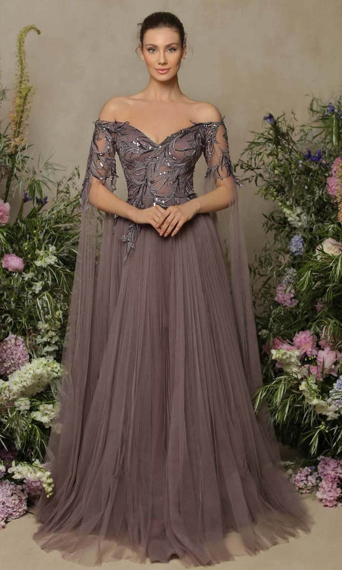 Tarik Ediz - Off Shoulder Tulle Evening Gown 98077 - 1 pc Wood Rose In Size 4 Available CCSALE 4 / Wood Rose