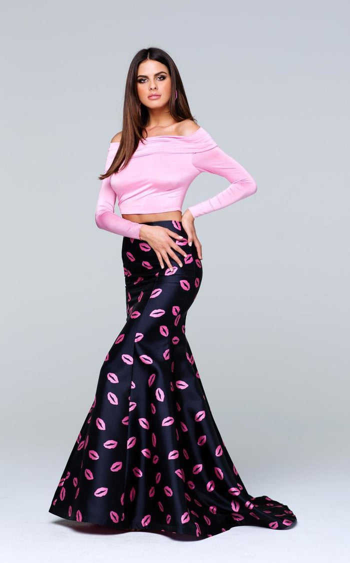 Tarik Ediz - Two-Piece Print Off-The-Shoulder Neck Dress 50112 Special Occasion Dress 0 / Powder Pink