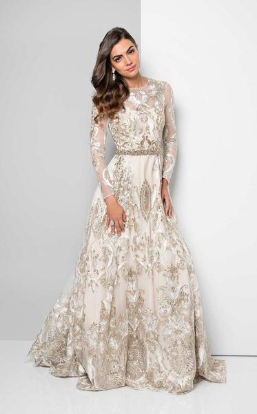 Terani Couture - 1712E3652 Metallic Appliqued Illusion Gown - 1 pc White Gold In Size 12 Available CCSALE 12 / White Gold