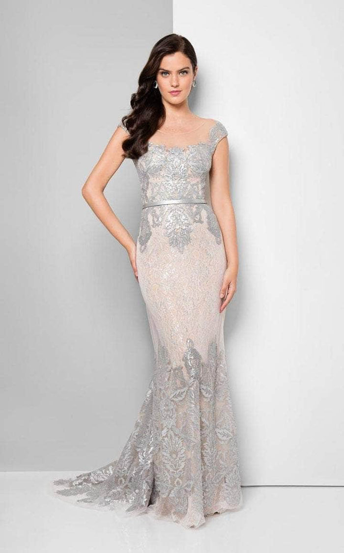 Terani Couture - 1713M3505 Embroidered Lace Portrait Mermaid Gown - 1 pc Gunmetal Nude In Size 4 Available CCSALE 4 / Gunmetal Nude