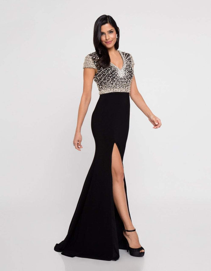 Terani Couture - 1812M6655 Cap Sleeve Crystal Ornate High Slit Gown Special Occasion Dress 00 / Black