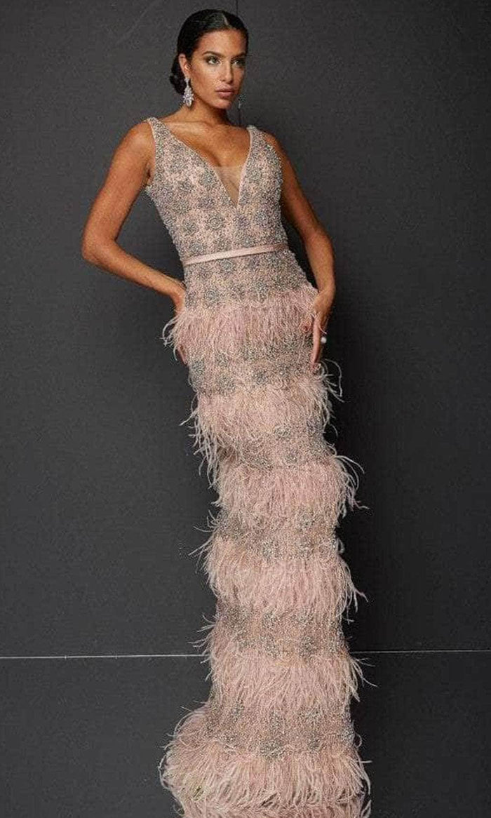 Terani Couture 1911GL9472 - Sleeveless feather Long Dress Evening Dress 0 / Antique Blush