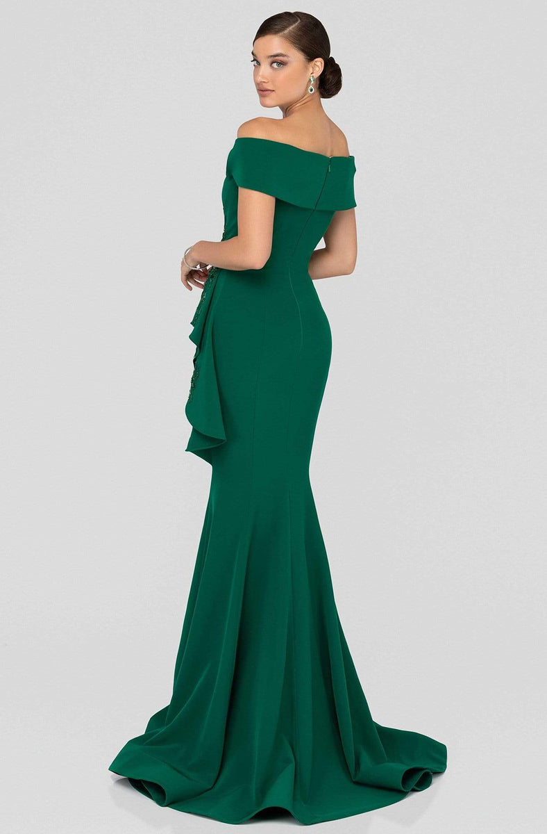 Terani Couture - 1911M9339 Off Shoulder Side Drape Peplum Mermaid Gown ...