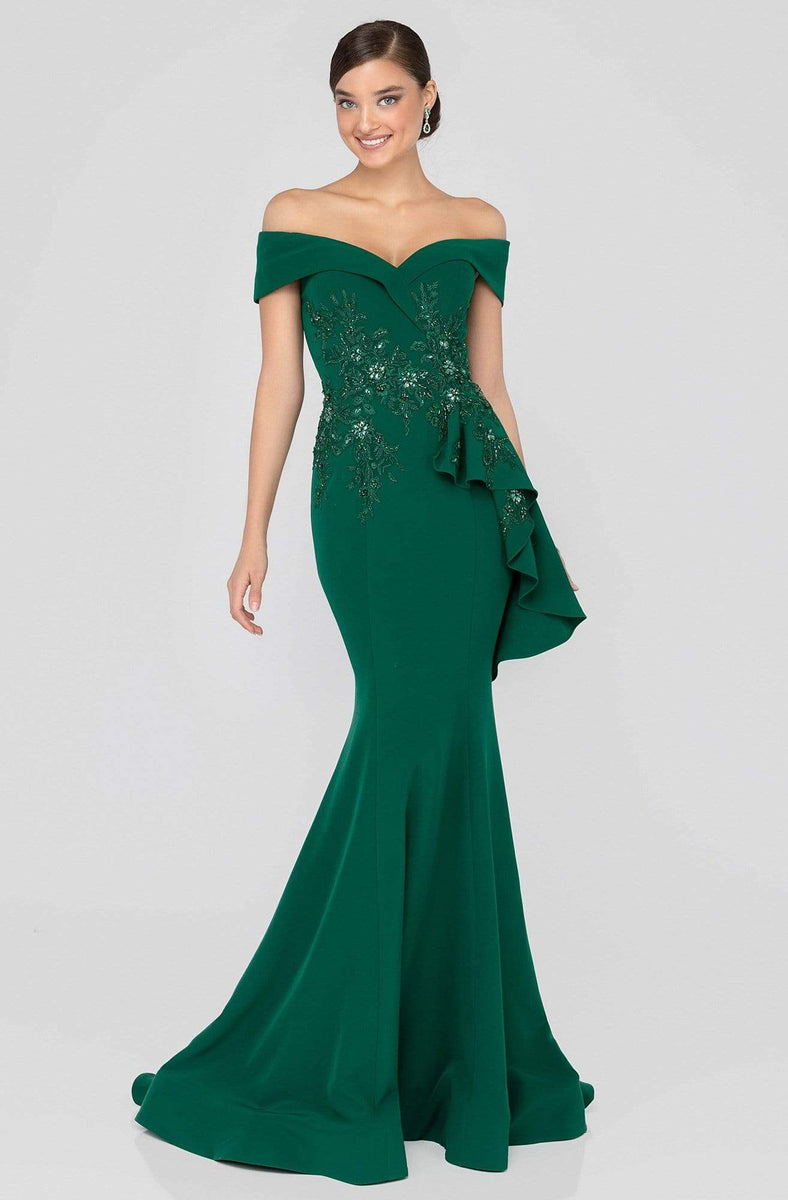Terani Couture - 1911M9339 Off Shoulder Side Drape Peplum Mermaid Gown ...