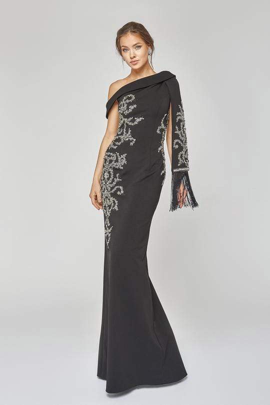 Terani Couture - 1921E0169 Asymmetric One Shoulder Crystal Beaded Gown Evening Dresses 00 / Black