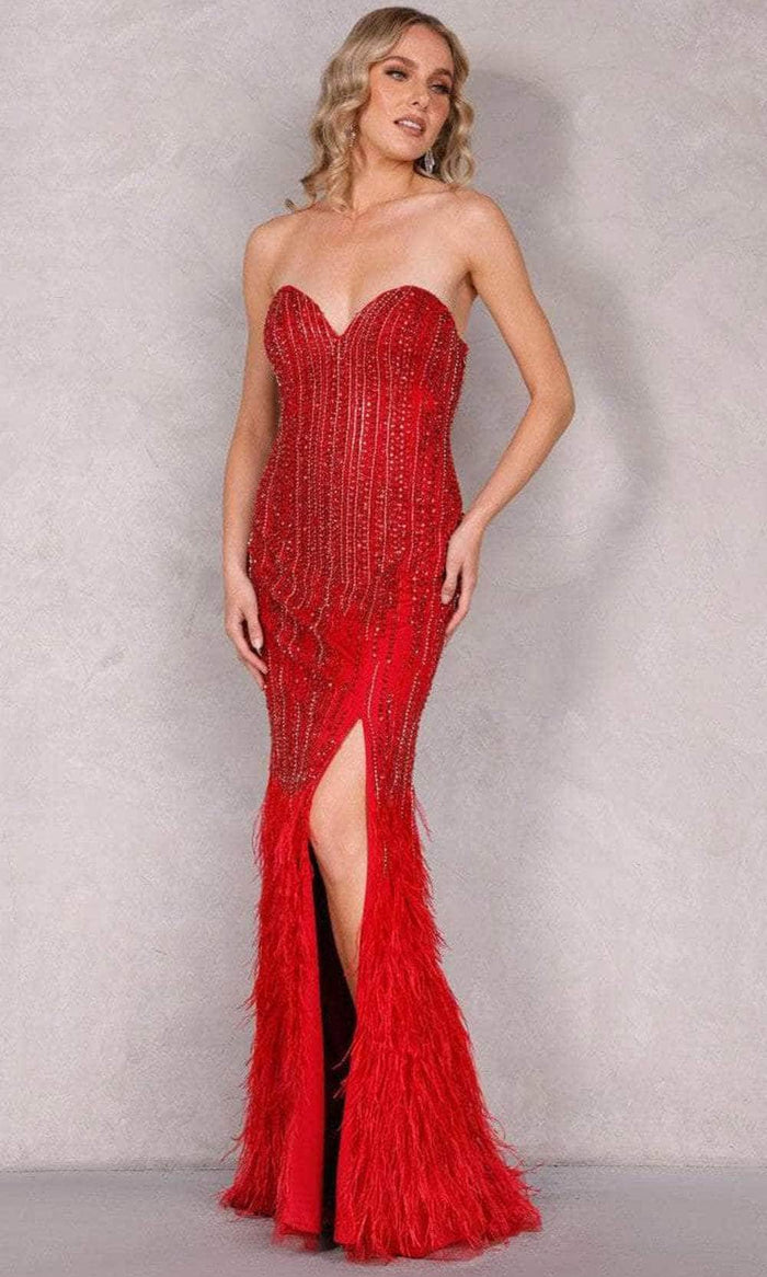 Terani Couture 1921GL0616 - Crisscross Back Feather Evening Dress Evening Dress 0 / Red