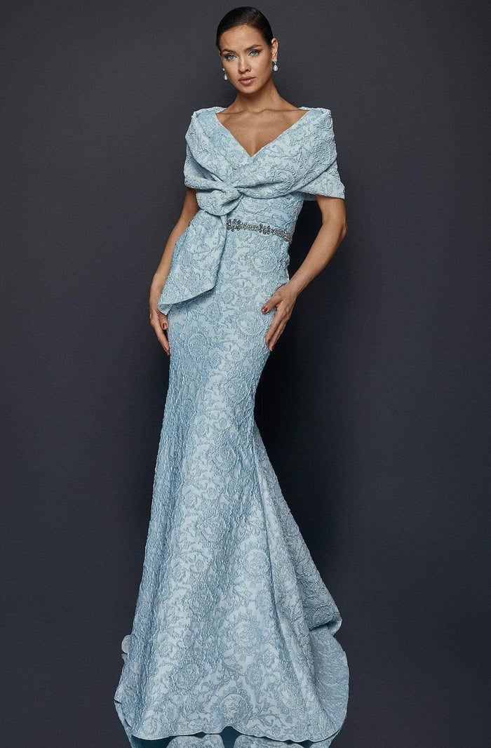 Terani Couture - 1921M0726 Sleeveless Bateau with Shawl Trumpet Dress - 1 pc Powder Blue In Size 12 Available CCSALE