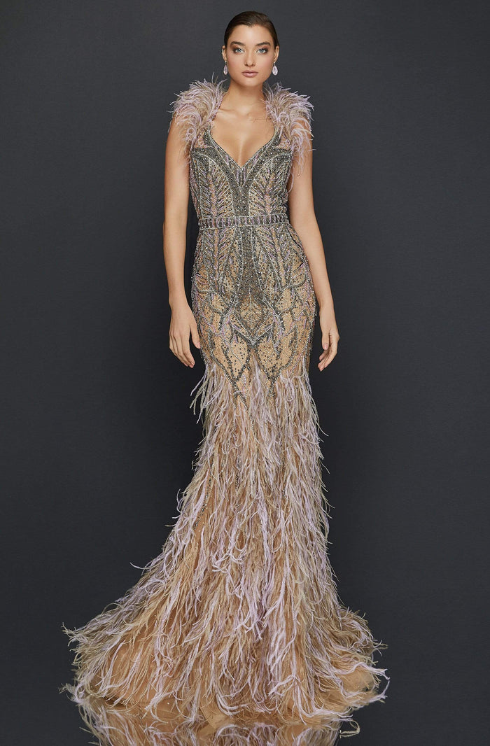 Terani Couture - 2011GL2423 Fringed Queen Anne Trumpet Evening Gown Pageant Dresses 0 / Blush Olive