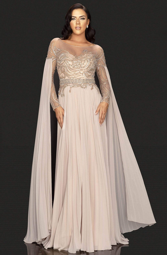 Terani Couture - 2011M2117 Beaded Long Sleeve Pleated Cascade Gown Mother of the Bride Dresses 0 / Champagne