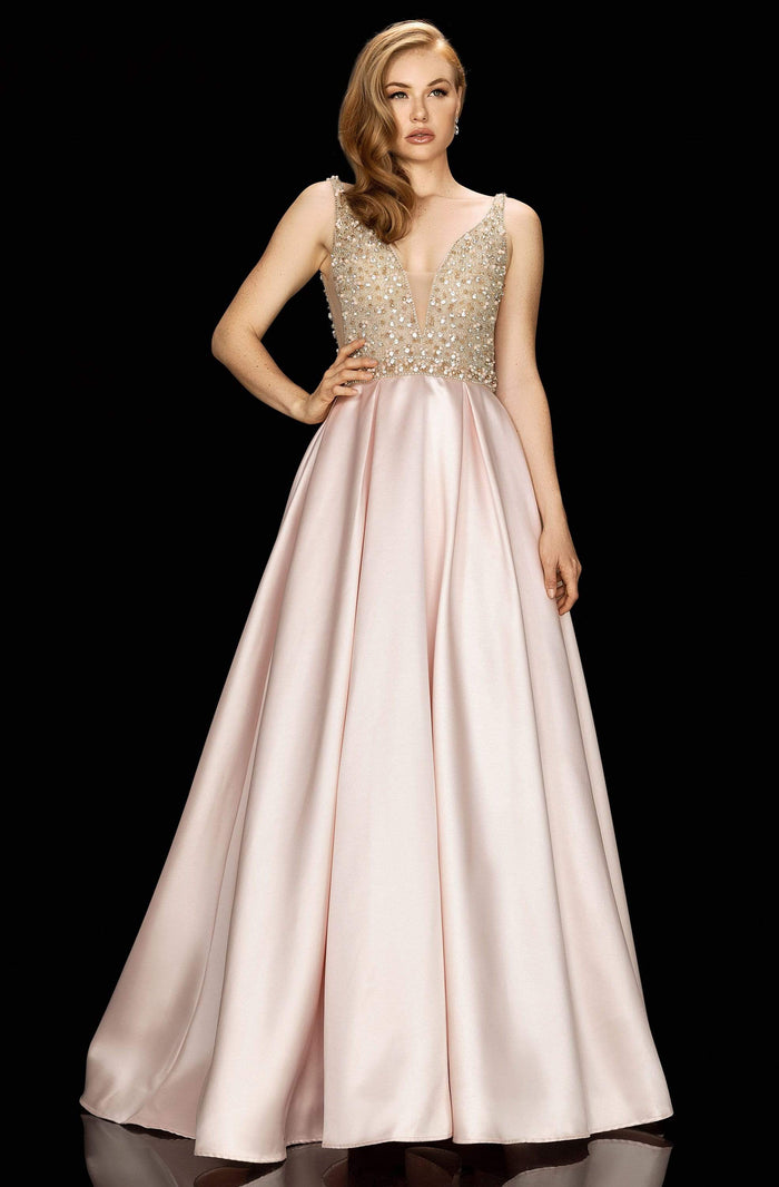 Terani Couture - 2011P1094 Embellished Deep V-neck Pleated A-line Gown Prom Dresses 00 / Blush