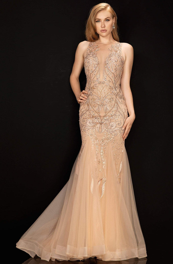 Terani Couture - 2011P1452 Embroidered Halter Neck Trumpet Dress Prom Dresses 00 / Blush Mocha