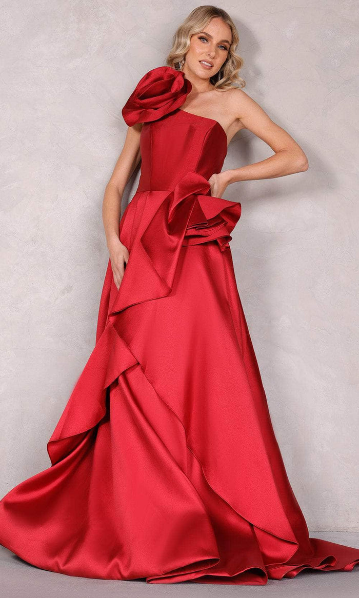 Terani Couture 2027E2917 - Asymmetric Neck Draped Evening Gown Special Occasion Dress 00 / Wine