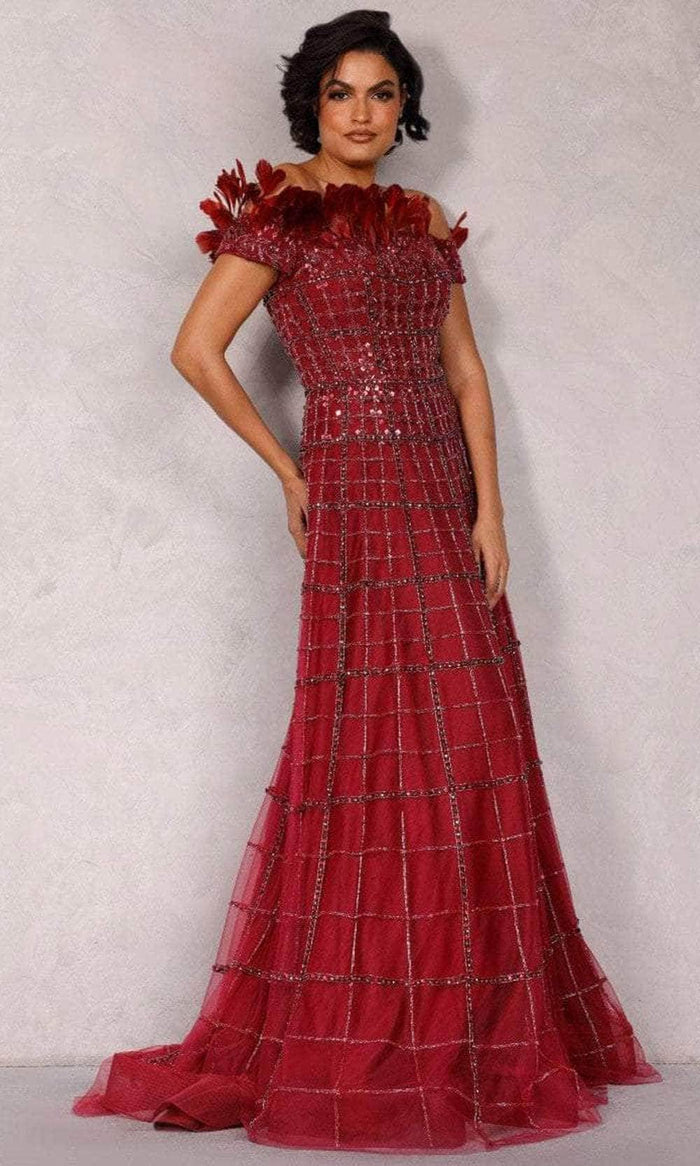 Terani Couture 2027GL3240 - Off-Shoulder Feather Long Dress Evening Dress 0 / Red