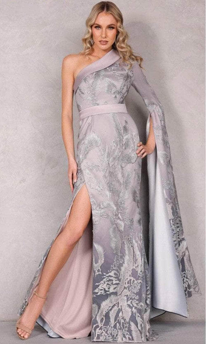 Terani Couture 2111E4755 - One Shoulder Sheath Long Dress Evening Dresses 0 / Silver