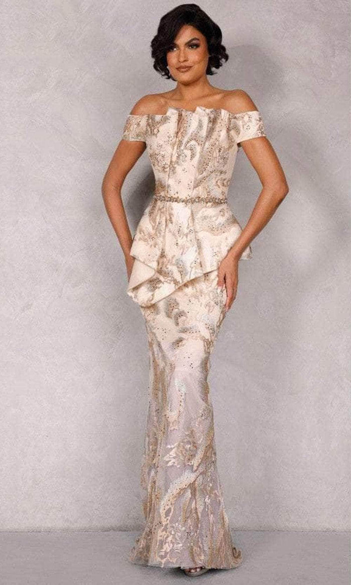 Terani Couture 2111E5285 - Off-Shoulder Pleated Neckline Long Dress Evening Dressses 0 / Champagne