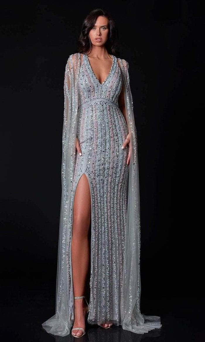 Terani Couture - 2111GL5059 Embellished V-neck Long Gown with Cape - 1 pc Silver Blush In Size 16 Available CCSALE 16 / Silver Blush