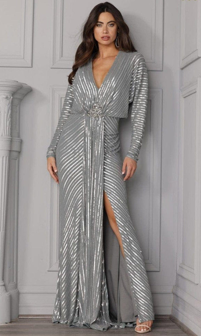 Terani Couture 2111M5280 - Long Sleeve V-neck Gown Evening Dresses 00 / Silver