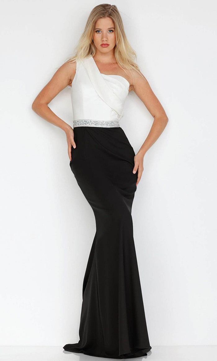 Terani Couture 231E0318 - One Shoulder Sheath Long Gown Special Occasion Dress 00 / Ivory Black