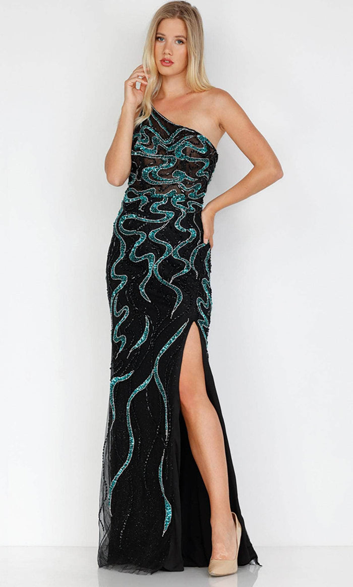 Terani Couture 231GL0399 - Bare Back Beaded Asymmetrical Gown Special Occasion Dress 00 / Black Green